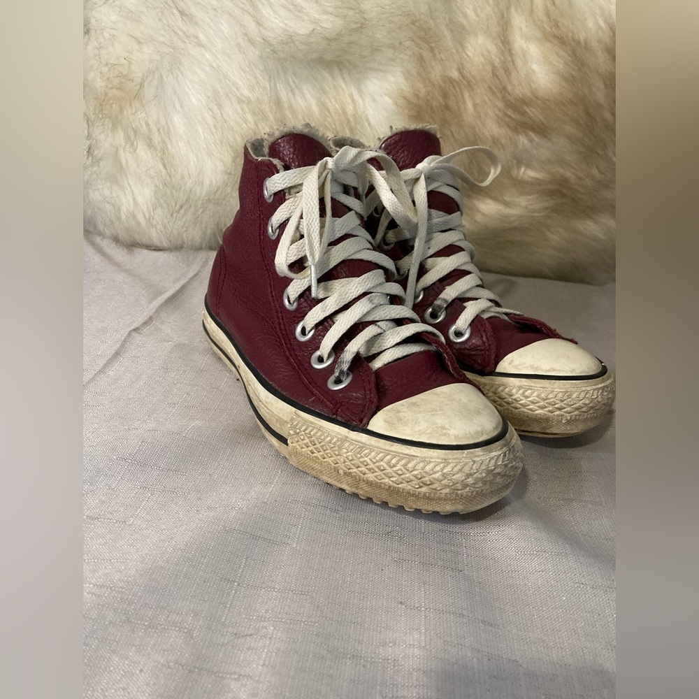 Converse High Top Burgundy Leather Sherpa Lined Shoes
